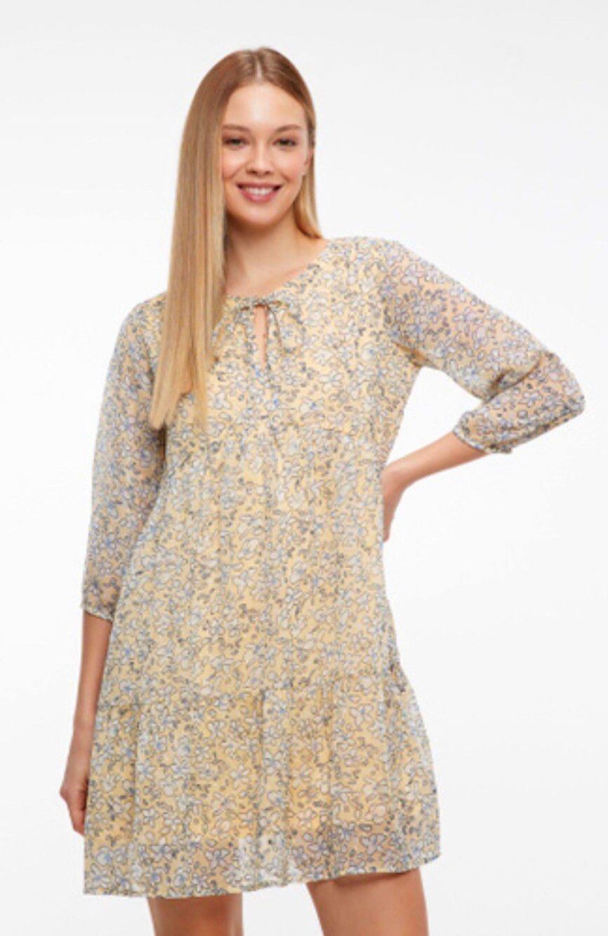 Sinsay Women's Yellow Blue Floral Mini Dress 3/4 Sleeve Size XS